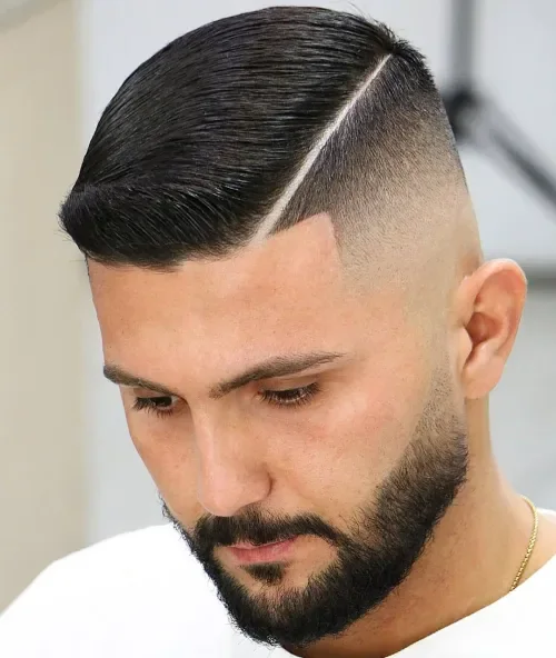 Hard part haircut with beard